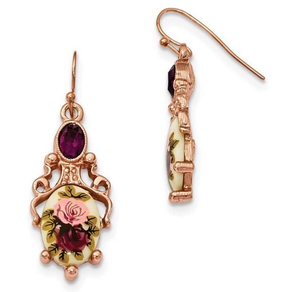 1928 Rose Gold Manor House Filigree Dangling Drop Hook Earrings - Picture 2 of 8